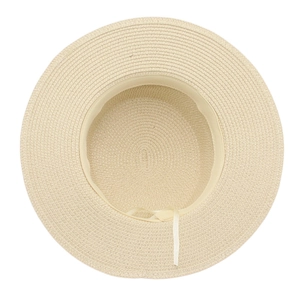 Flat top straw sun hat for women with wide brim and adjustable inner strap in beige