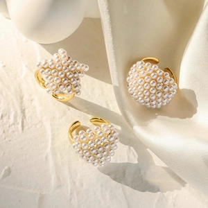 Elegant Open Rings Copper With White Faux Artificial Pearl Cluster Star Heart Oval Flower Adjustable Jewelry For Women