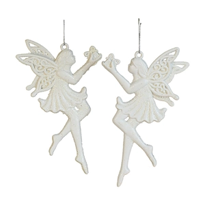 White fairy Christmas ornaments with glitter finish, set of 2 festive hanging decorations