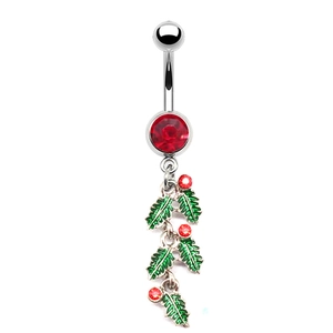 Christmas belly ring with red crystal stone and green enamel holly leaf pendant