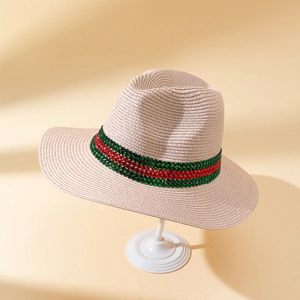 Classic beige woven straw fedora hat with colorful rhinestone striped band for women