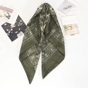 Olive green paisley silk-like bandana vintage bohemian square scarf for women 70cm
