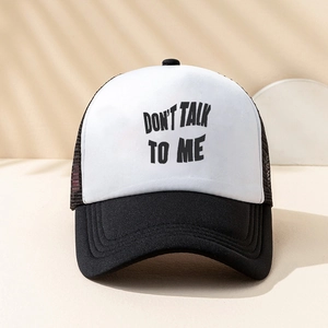 Front view of black and white trucker hat featuring Don't Talk To Me printed slogan