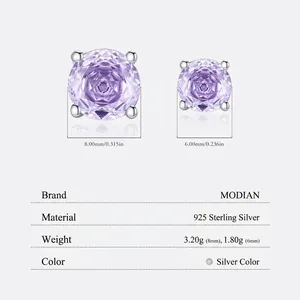 925 sterling silver stud earrings featuring round cut purple stones in 6mm and 8mm sizes