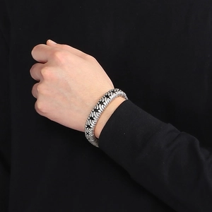 Retro oxidized silver leather bracelet with carved waves and titanium steel ring for men