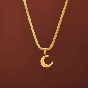 Crescent Moon Pendant Necklace Stainless Steel 18K Gold Plated Flat Snake Bone Herringbone Chain Minimalist Jewelry Women
