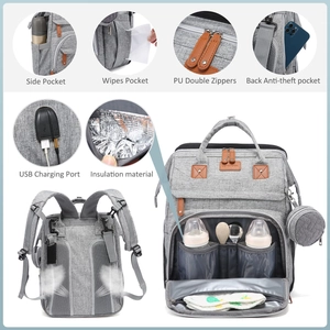 Detail view of grey diaper backpack features with USB port and insulated pockets
