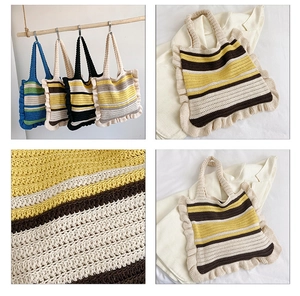 Detailed close-up of textured knit fabric on a colorful striped crochet tote bag