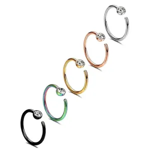 Set of 5 minimalist C-shaped stainless steel nose rings with sparkling zircons