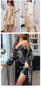 Detail view of floral satin loungewear set featuring V-neck slip dress and belted robe