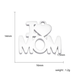 Polished silver I Heart MOM pendant with 16mm x 14mm x 1.5mm size dimensions shown