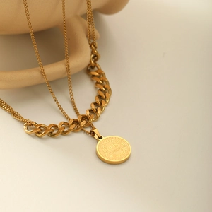 Double-layered 18k gold plated titanium steel necklace with a vintage coin pendant