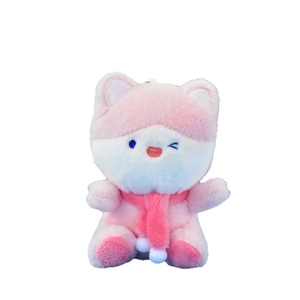 Adorable pink and white plush fox keychain doll wearing a scarf for bag accessories