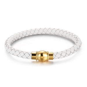 Men's stylish white braided leather bracelet with golden magnetic clasp on white background