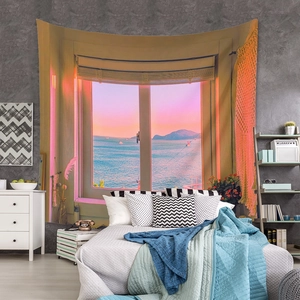 Detail of bohemian wall tapestry showing a realistic ocean sunset view from a window frame