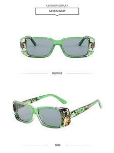 Detail view showing green frame with grey lenses and textured pattern on temple side