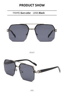 Detailed front and side views of gunmetal square aviator sunglasses with black lenses