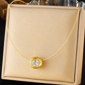 Round Rhinestone Pendant Necklace Gold Plated Stainless Steel Wire Chain Minimalist Elegant Jewelry For Women
