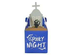 Detail of blue Halloween candy box with tombstone fold and Spooky Night text