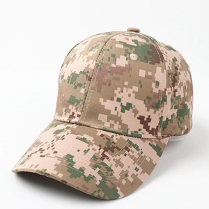 Close-up of digital camouflage cotton baseball cap with ventilation eyelets and stitching