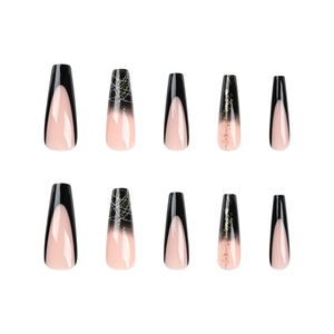 French nude and black gradient press-on nails with gold glitter and white line art