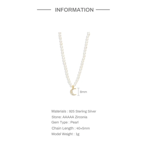 Detail of S925 sterling silver crescent moon pearl necklace with size dimensions