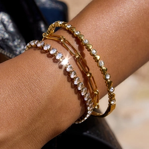 Minimalist gold hip hop tennis bracelet set with heart and paperclip chain for women
