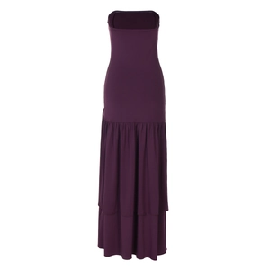 Detailed view of dark purple strapless maxi dress with tiered ruffle hem and smooth knit fabric