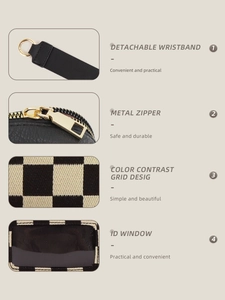 Detail view of the detachable wristlet and clear ID window on the checkered pouch