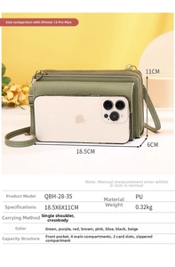 Detailed size comparison of the PU leather crossbody phone bag with internal compartments