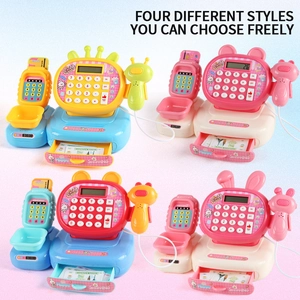 Kids' toy cash register set with calculator, scanner, and accessories in four colors