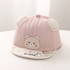 Detail of baby sun hat with cute 3D bear ears and pink polka dot soft brim design