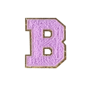 Purple chenille letter B patch with gold glitter border for DIY clothing decoration