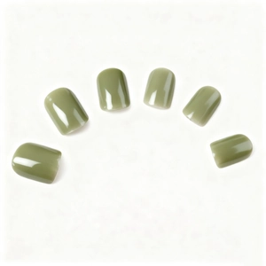Short square press-on nails in elegant sage green with a glossy polished finish