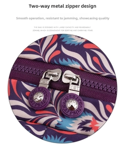 Detail of high-quality dual metal zippers with star-patterned purple pulls on oxford backpack