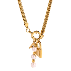 18k gold stainless steel necklace with pearl charms and padlock pendant on white background