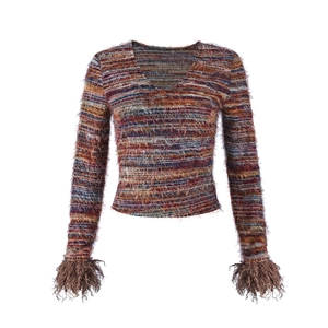 Detail of V-neck striped knit top featuring faux fur trim on cuffs and textured fabric
