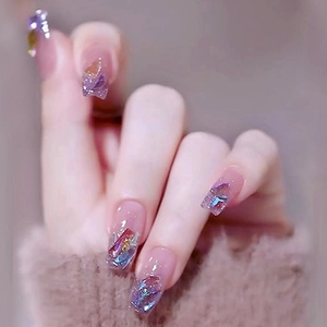 Pink Purple Gradient Press On Nails Aurora Rhinestone Glitter Shell Decorative Artificial Fake Nails Short Coffin Shape