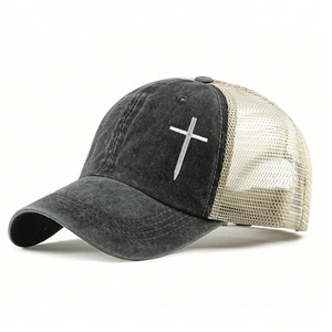 Vintage washed trucker hat with cross embroidery and beige breathable mesh back