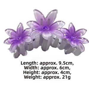 Macro shot of purple translucent flower claw clip with gradient resin floral petals