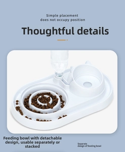 Close-up of split design pet feeder with slow food bowl and automatic water dispenser