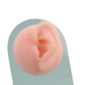 Flesh-colored silicone ear model on acrylic stand for jewelry and earring display