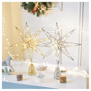 Detailed view of hollow wire Christmas tree toppers in gold and silver with LED lights