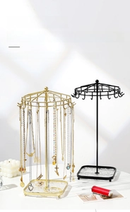 Golden and black 18-hook iron jewelry racks with square acrylic tray storage bases