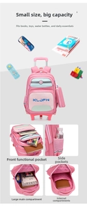 Detailed pink rolling backpack features large main compartment and functional side mesh pockets