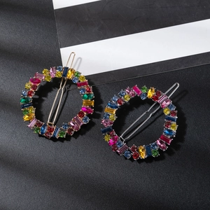 Crystal rhinestone round hair clips in gold and silver alloy with colorful gemstones