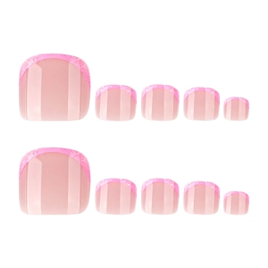 Pink French glitter press-on toe nails set in minimalist layout on white background