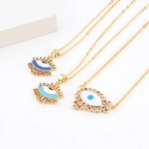 Three 18k gold plated evil eye heart necklaces with colorful zircon and enamel inlay