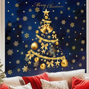Goldener Weihnachtsbaum Fensteraufkleber mit Schneeflocken und Merry Christmas Schriftzug