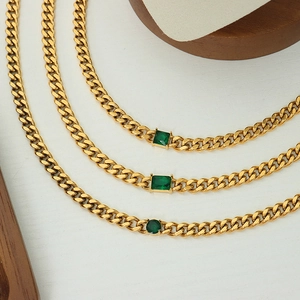 British style gold Cuban chain jewelry set with green geometric zircon pendants